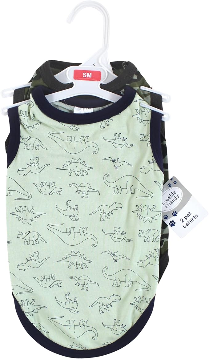 Luvable Friends Dog Pet Dog and Cats Cotton T-Shirts 2pk, Dino Camo, Small