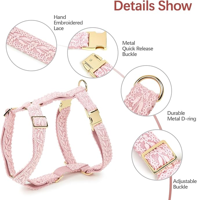 Large Dog Harness and Leash Set, Adjustable No Pull Pet Halter Harness with Flower & Metal Buckle, Easy Control for Training Walking, Pink,M