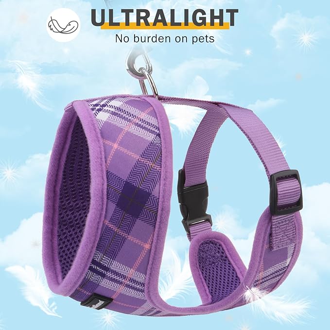 SCENEREAL No Pull Dog Harness Collar and Leash Set Small Medium Sized Dog, Soft Mesh Step in Puppy Harnesses, No Chock Plaid Adjustible Pet Vest for Outdoor Walking Training and Running, Purple XS