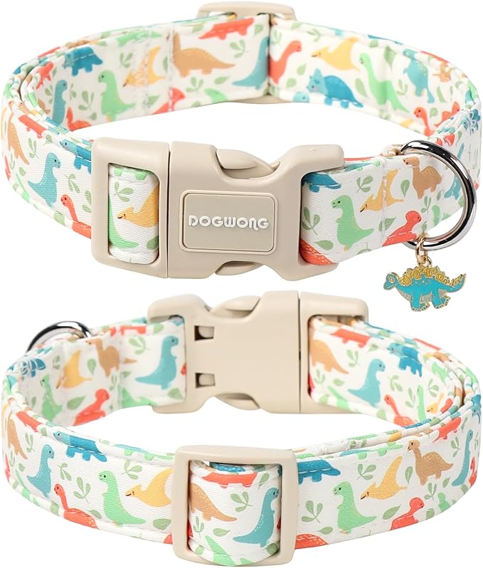 DOGWONG Dinosaur Cotton Dog Collar, Summer Cute Dog Collar Durable Soft Fabric Male Pet Dog Collars Boy Puppy Necklace for Small Medium Large Dogs