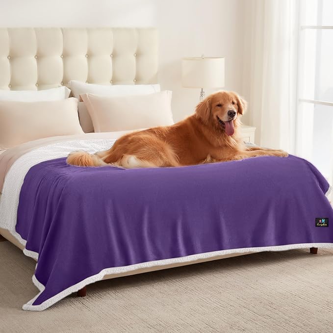 Luciphia Waterproof Blanket for Large Dogs Liquid Proof Furniture Protector Washable Pet Reversible Bed Cover for Couch Soft Sherpa Fleece Cat Blanket for Small Medium Purple White X-Large（85" x 57"）