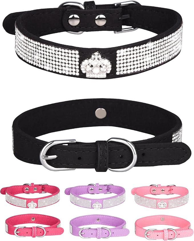 Dog Collar for Small Dogs, Adjustable Leather Suede Bling Dog Collars，Pink Dog Collar Cat Collar, Rhinestone Dog Collar (S, black3)