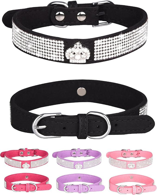 Dog Collar for Small Dogs, Adjustable Leather Suede Bling Dog Collars，Pink Dog Collar Cat Collar, Rhinestone Dog Collar (XS, black3)