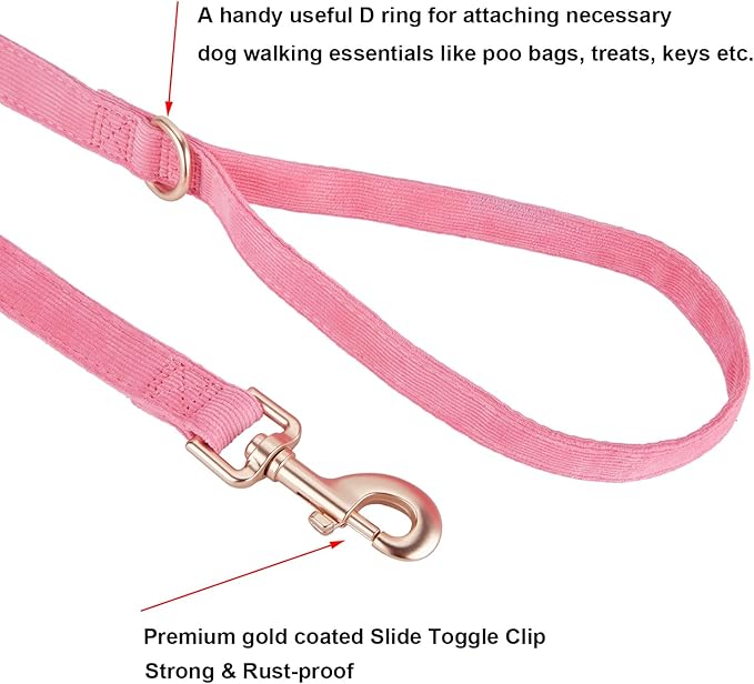 Soft Corduroy Dog Collar and Leash Set, Adjustable Cotton Dog Collars with Metal Buckle and Lead for Small Dogs,Hot Pink