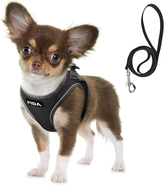 Fida Comfy Dog Harness with Leash, Soft Puppy Vest Escape Proof, Breathable Lightweight Soft Mesh, Adjustable Reflective Step-in Harness for Small Pet Walking (S, Black)
