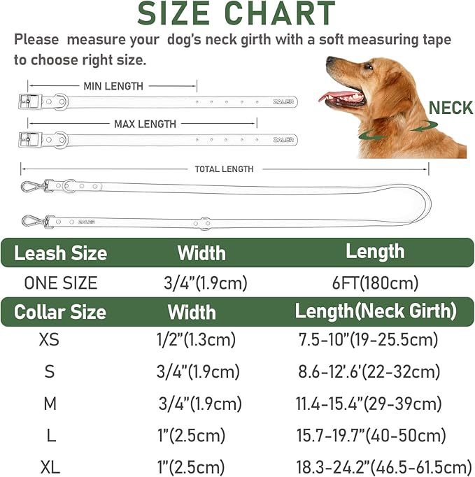 ZALER Dog Collar and Leash Set, Waterproof Adjustable Odor Proof Pet Collars Leashes Easy to Clean, 6FT Dog Leash with 2 Hooks for Large, Medium Small Dogs (M, Green)