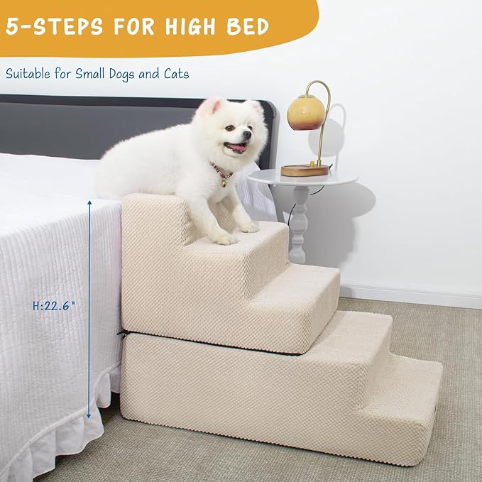 5-Step Dog Stairs for High Beds, Non-Slip Pet Steps for Small Dogs & Cats, Beige, 22.6" H