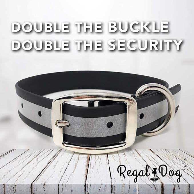 Regal Dog Products Small Black Reflective Dog Collar and Leash Set - Waterproof Biothane Dog Collar with Heavy Duty Double Buckle, D Ring & 5ft Leash - Other Size for Medium & Large Dogs
