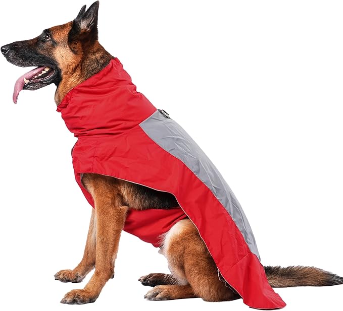 Dog Raincoat with Harness Built in,Outdoor Waterproof Puppy Rain Jacket for Medium Dogs,Adjustable Waist by Strap Doggie Rain Coats,Red M