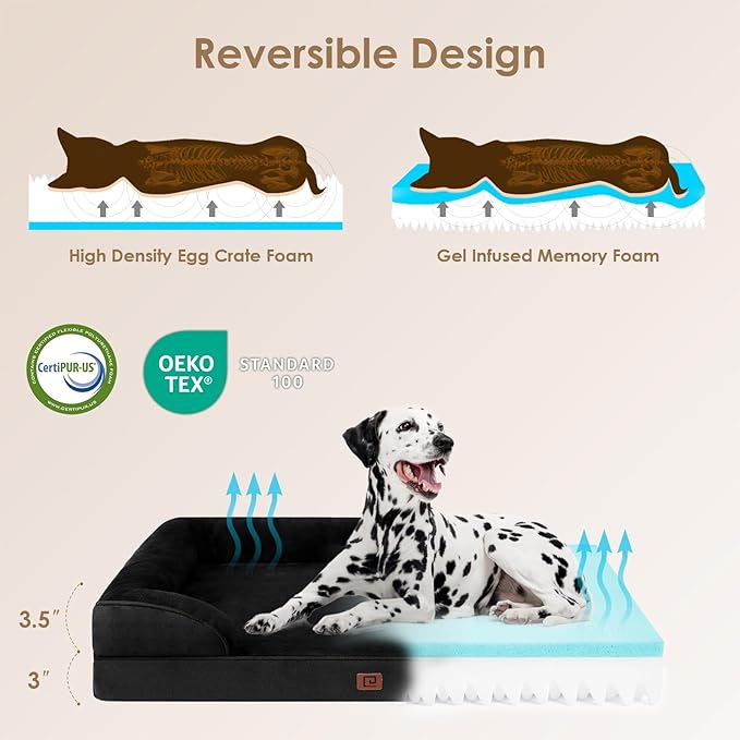 EHEYCIGA Orthopedic Dog Beds for Large Dogs, Waterproof Memory Foam Large Pet Bed with Sides, Non-Slip Bottom and Egg-Crate Foam Dog Couch Bed with Washable Removable Cover, Black