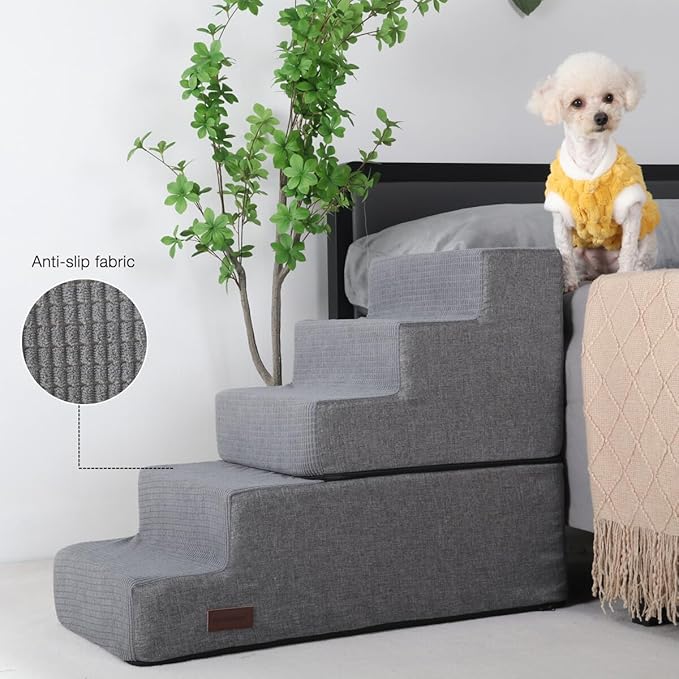 5-Step Dog Stairs for High Beds, Non-Slip Pet Steps for Small Dogs & Cats, Grey Linen, 22.6" H