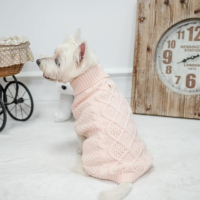 Mihachi Turtleneck Dog Sweater - Winter Coat Apparel Classic Cable Knit Clothes with Leash Hole for Cold Weather, Ideal Gift for Pet in New Year Rosy X-Small