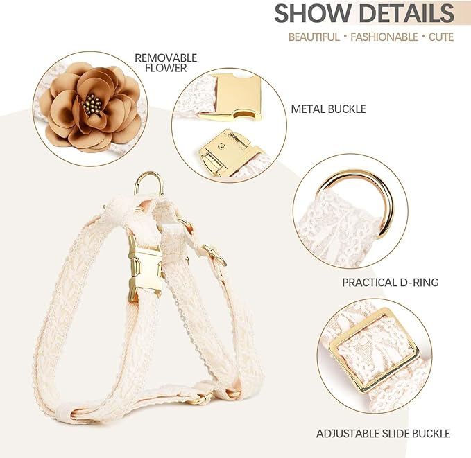 Extra Large Dog Harness and Leash Set, Elegant Lace Embroidered Costume, No Pull, Adjustable, White, S/M/L, Dog Wedding Harness, Costume, Pet Outfit