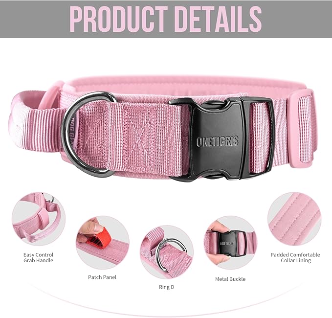 OneTigris Tough Dog Collars, Tactical Dog Collar with Handle, Milltary Adjustable Dog Collar with Heavy Duty Metal Buckle for Training (Medium,Pink)