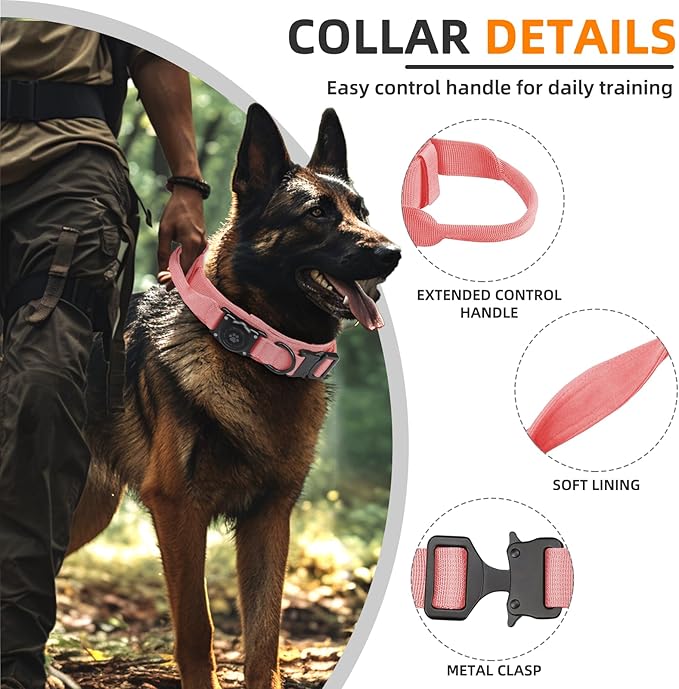 Tactical AirTag Dog Collar, 100% Waterproof Integrated Apple Air Tag Dog Collars with Hard PC AirTag Holder, Adjustable Military Collar with Handle, GPS Dog Collar for Medium Large Dogs