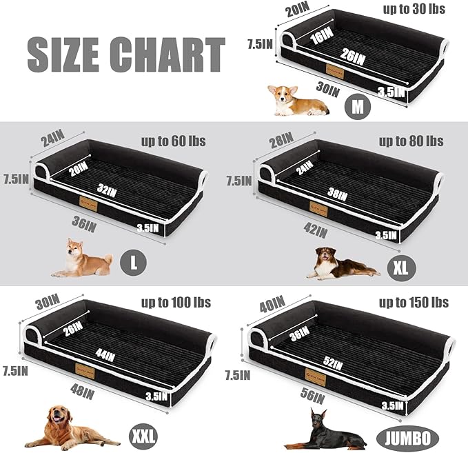 Patas Lague Orthopedic XL Dog Bed for Large Dogs 42''X28'', Waterproof Comfortable L Shaped Big Large Non-Slip Soft Warm Pet Sofa Sleep Bed mat with Removable Washable Cover, Black