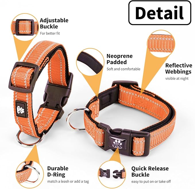 NESTROAD Reflective Dog Collar and Leash Set,Soft Neoprene Pet Collar with Quick Release Buckle,Adjustable Nylon Dog Collars for Small Medium Large Dogs(Medium Collar + 5FT Leash,Orange)