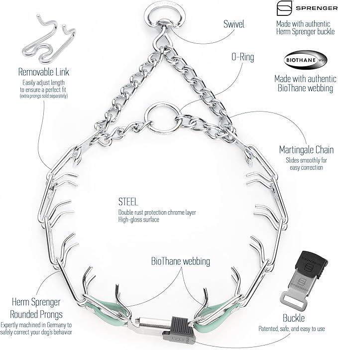Herm Sprenger Chrome Plated Steel Dog Collar with Quick Release ClicLock Buckle and Biothane Insert Training Collar for Dogs Made in Germany (Sage Green, 23in x 3.2mm(Neck Size up to19-20in))