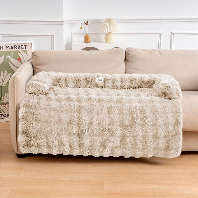 FUNNYFUZZY Calming Dog Bed Mat, Fluffy Fuzzy Couch Cover for Sofa, Furniture Protector with Removable Washable Cover for Medium Small Dogs and Cats (Coffee,47.24 × 37.4 × 6.3 in)