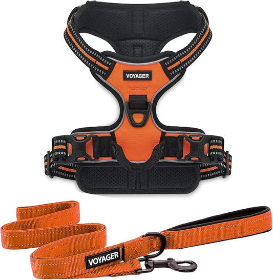Dog Harness Dual Leash Attachment No-Pull Control Adjustable Soft but Strong Pet Harness for Medium and Large Dogs with 3M Reflective Technology - Harness Leash Set (Orange), XS