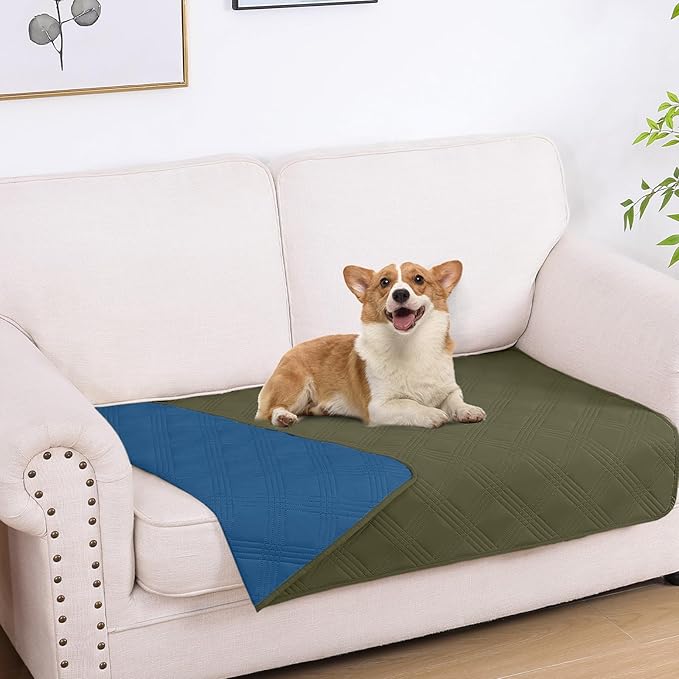 hyha Waterproof Dog Blanket, Reversible Pet Bed Blanket, Soft Sofa Couch Cover for Dogs Washable, Waterproof Pet Couch Covers for Sofa Puppy Cats Furniture Protector(30"x53", Green/Navy Blue)