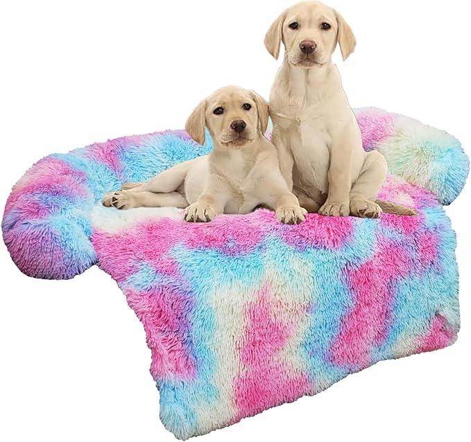 Calming Dog Bed Fluffy Plush Dog Mat for Furniture Protector with Removable Washable Cover for Large Medium Small Dogs and Cats (Medium, Rainbow)