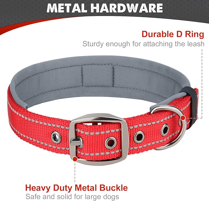 Joytale Dog Collar for Medium Dogs, Neoprene Padded and Adjustable, Reflective Wide Heavy Duty Pet Collars with Durable Metal Belt Buckle for Walking, Red, M