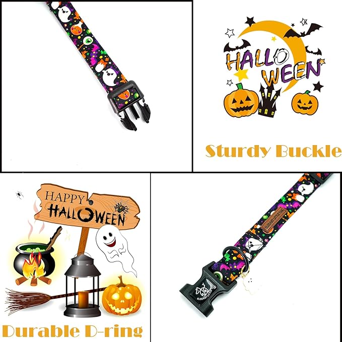 Elegant little tail Halloween Dog Collar, Ghosts Print Fall Male Cute Puppy Adjustable Cotton Pet Collar with Quick Release Buckle for Small Medium Large Dogs