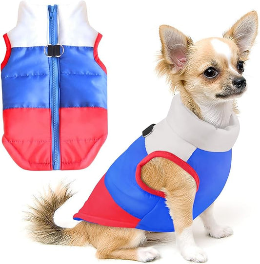 Idepet Pet Dog Cat Coat with Leash Anchor Color Patchwork Padded Puppy Vest Jacket Teddy Chihuahua Costumes Pug Cloth XS S M L (Small, Red)