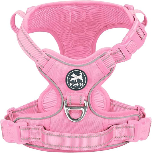 PoyPet No Pull Dog Harness, No Choke Reflective Dog Vest, Adjustable Pet Harnesses with Easy Control Padded Handle for Small Medium Large Dogs(Light Pink Matching Trim,L)