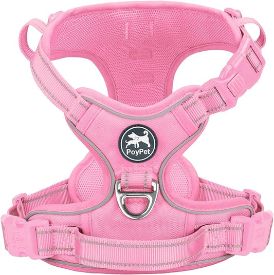 PoyPet No Pull Dog Harness, No Choke Reflective Dog Vest, Adjustable Pet Harnesses with Easy Control Padded Handle for Small Medium Large Dogs(Light Pink Matching Trim,XL)