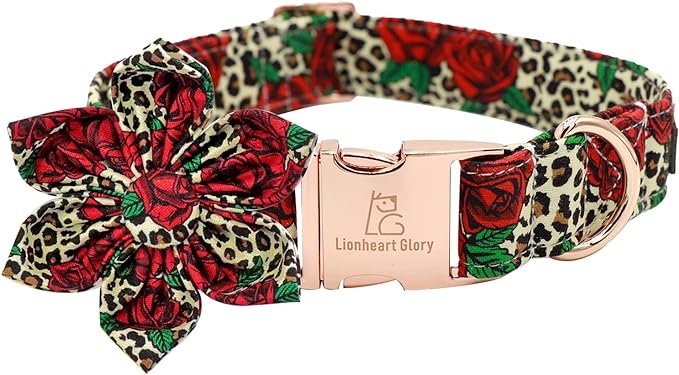 Lionheart Glory Dog Collar, Red Rose Dog Collar with Flower, Cute Floral Pattern Pet Collar Adjustable Dog Collar for X-Large Dogs