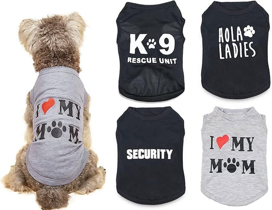 4 Pieces Pet Dog T Shirt I Love My Mom K9 Unit HOLA Ladies Security Print Puppy Shirts Small Dogs Clothes for Boys Summer Dog Tshirt Boy Chihuahua Tshirts Cat Clothing Yorkie Vest Apparel, XL
