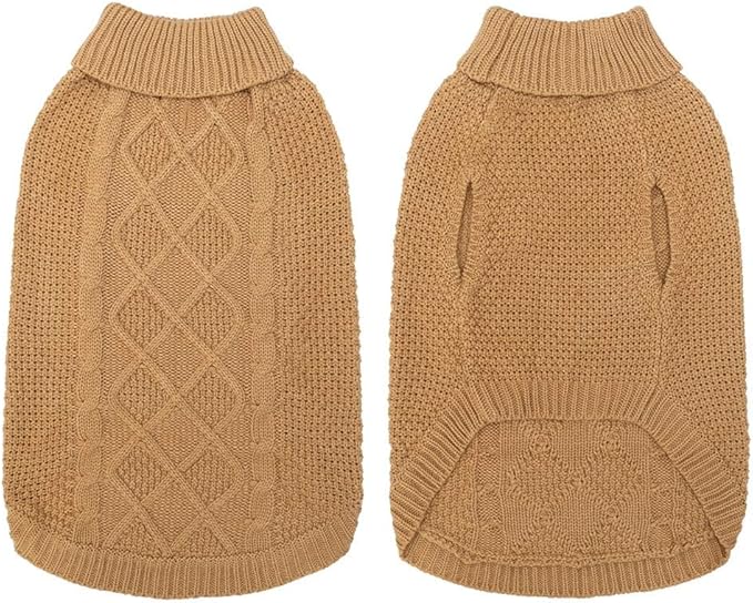 Mihachi Turtleneck Dog Sweater - Winter Coat Apparel Classic Cable Knit Clothes with Leash Hole for Cold Weather, Ideal Gift for Pet in New Year Khaki Medium