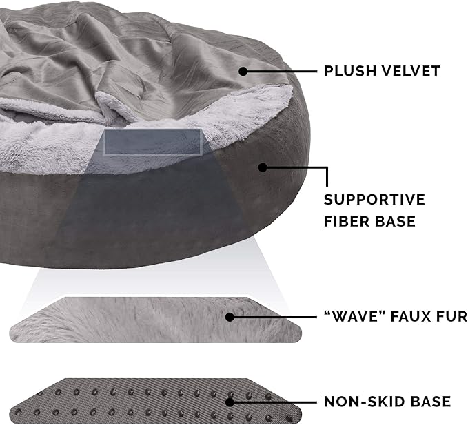 Furhaven 24" Round Calming Donut Dog Bed for Indoor Cats & Small Dogs, Washable, For Dogs Up to 20 lbs - Plush Velvet Waves Hooded Donut Bed - Dark Gray, Small