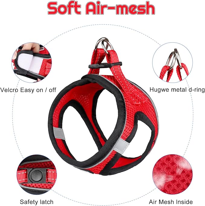 Dog Harness for Small Dogs and Leash Set, Honeycomb Grid, Reflective Lightweight Harness & Anti-Twist Pet Lead Multi Color, Size: XS-S-M. (S, Black & Red)
