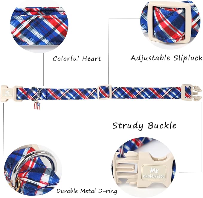 Plaid Cotton Dog Collar, Soft Checkered Patriotic Puppy Pet Collar with Plastic Buckle, Adjustable 4th of July Pet Collar for Small Medium Large Dogs