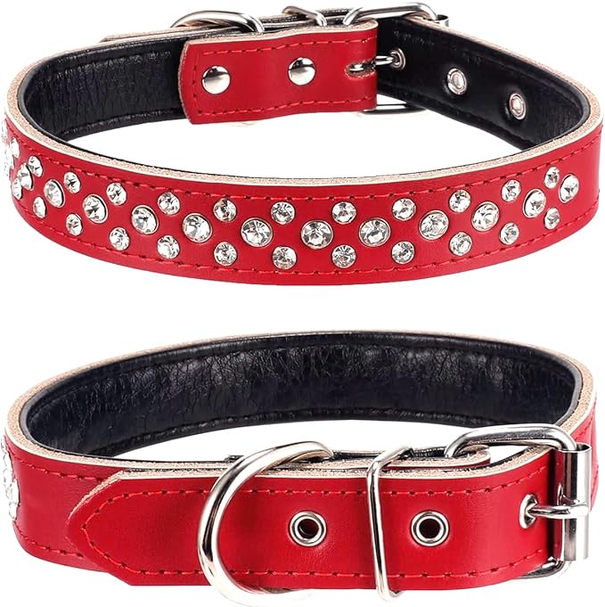 Rhinestone Dog Collar, Adjustable Cute Dazzling Sparkling Soft Leather Dog Collar Crystal Diamond Pet Dog Puppy Collar (S, Red)