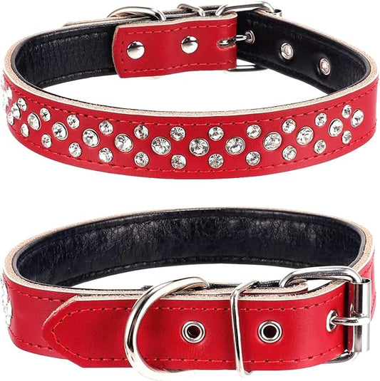 Rhinestone Dog Collar, Adjustable Cute Dazzling Sparkling Soft Leather Dog Collar Crystal Diamond Pet Dog Puppy Collar (S, Red)