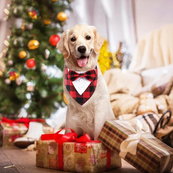Adjustable Red Plaid Christmas Dog Tuxedo Bandana with Bow Tie - Holiday Pet Outfit Costume for Dogs XS to XL