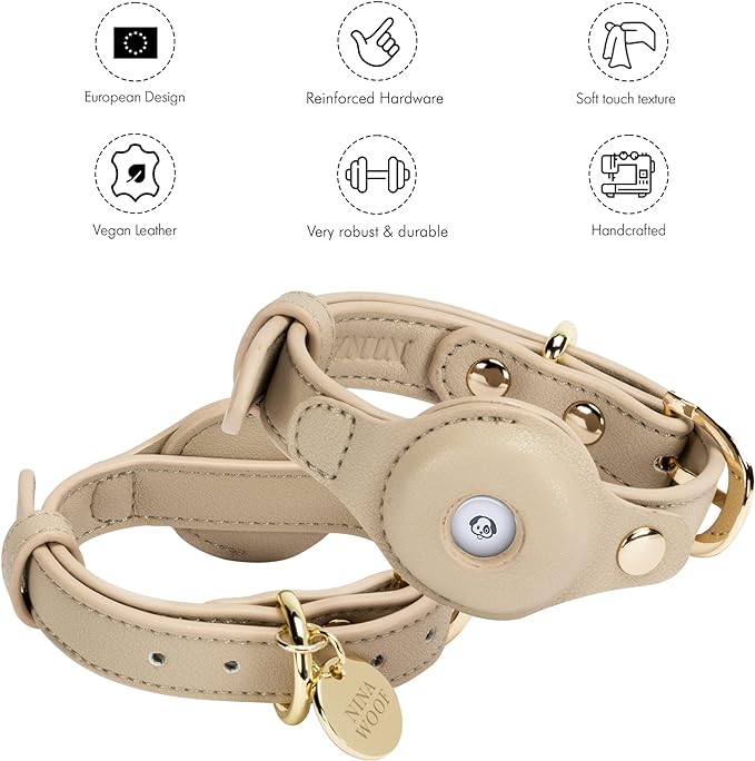 Cupertino Dog Collars, Harnesses & Leashes Made from Vegan Leather with Dog Tracker Device Holder Adjustable Dog Collar (Extra Small, Beige)