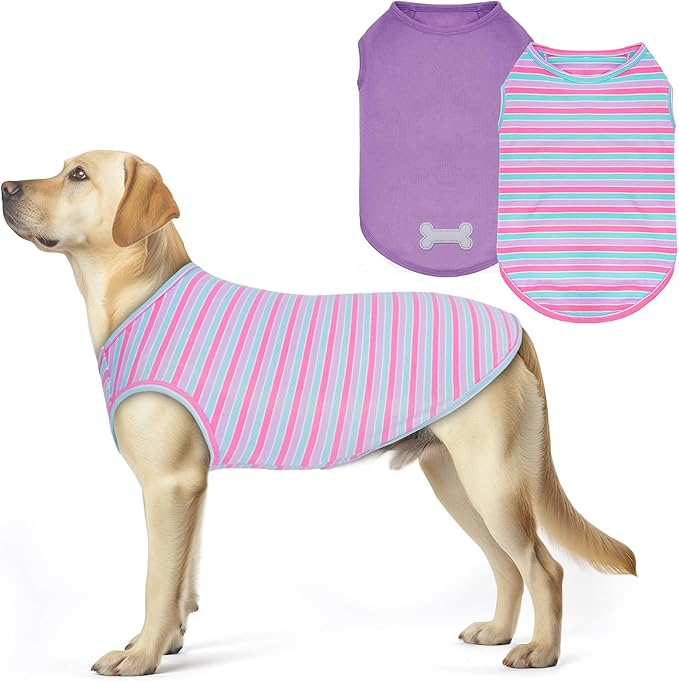 KYEESE 2Pack Dog Shirts Striped T Shirt for Large Dogs Lightweight Clothes Sleeveless Vest Cotton Tank Top, XXX-Large,Purple+Striped