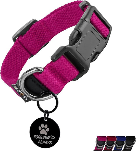Cotton Soft Dog Collar, Quick Release Dog Collar with Buckle, Heavy-Duty Adjustable Pet Collar for XS Small Medium Large Dog, Colorfast Dog Collars with Removable Tag(XS, Rose Red)