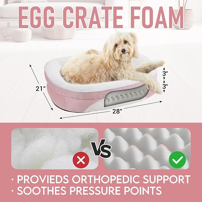 OhGeni Orthopedic Dog Couch Medium Sized Pet Beds for Fathers Gifts with Comfort Foam Support, Soft Indestructible Fabric, Machine Washable Waterproof Removable Cover, 28-Inch (Pink)
