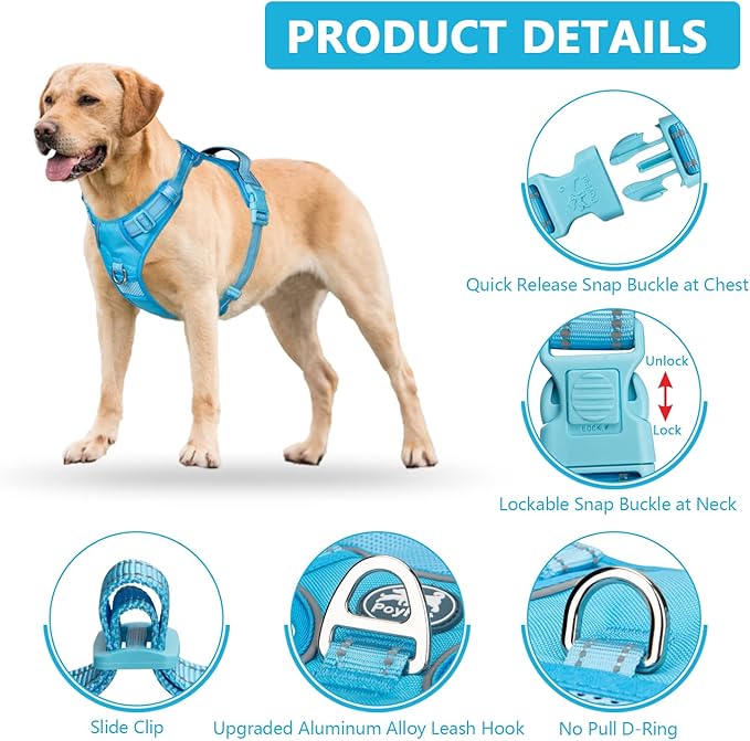 PoyPet No Pull Dog Harness, No Choke Reflective Dog Vest, Adjustable Pet Harnesses with Easy Control Padded Handle for Small Medium Large Dogs(Blue,S)