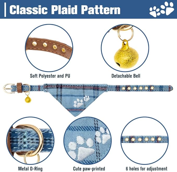 EXPAWLORER Puppy Collar and Leash Set - Embroidery Pawprints Plaid Dog Collar and Dog Leash Set, Bow Tie and Bandana Dog Collar with Bell, Cute Collar and Leash for Dogs Cats Outdoor Walking, Blue S