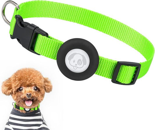 Adjustable AirTag Collar with Durable Quick Snap Buckle, Imitation Nylon Collar with Waterproof Apple Airtag Holder for Small Dogs (6"-16", LightGreen)