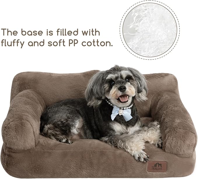 Hollypet Fluffy Plush Pet Sofa Soft Calming Pet Sofa Beds for Medium Small Cats and Dogs, Dark Brown