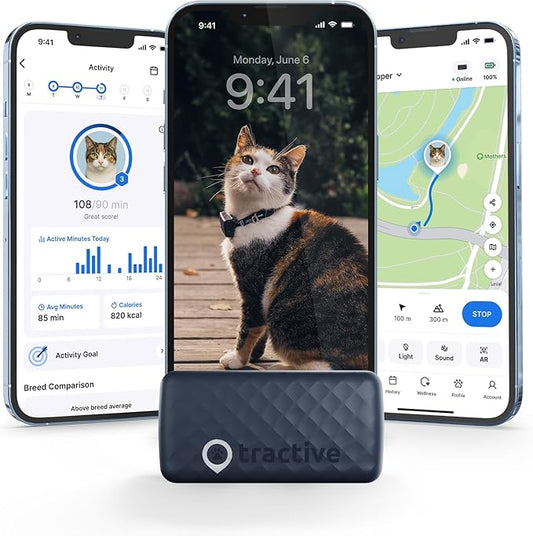 Tractive GPS Cat Tracker (6.5 lbs+), Real-time Pet Location Tracker, Health & Wellness Alerts, Battery Life Up to 7 Days, Breakaway Cat Collar Included (Dark Blue)