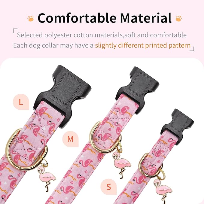 Cotton Dog Collar,Adjustable Cute Puppy Collar with Moon Patterned Design for Small Medium Large Dogs,Soft and Fancy Pet Collar with Safety Buckle for Girl Boy Dogs (Pink Flamingo, Medium)